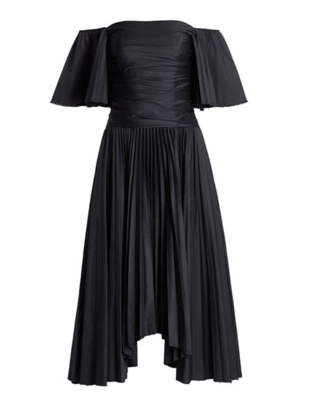 AMUR Rinna Gown Dress Black Off Shoulder Pleated Midi Size 4 NWT